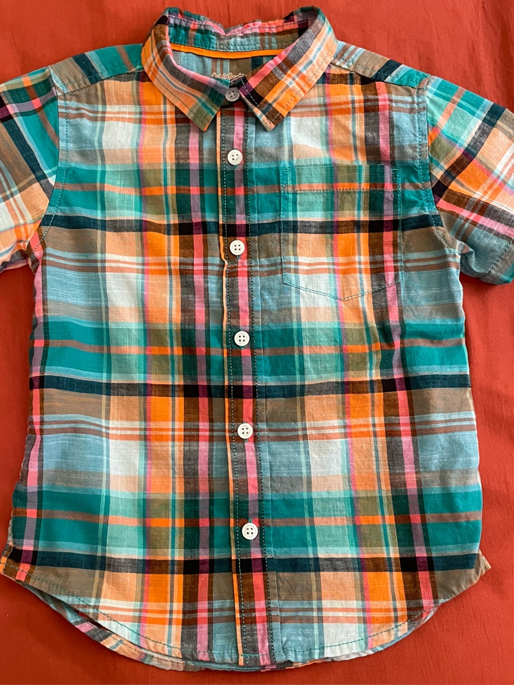 Cat & Jack Teal, Orange & Pink Plaid Short-Sleeve Button-Down